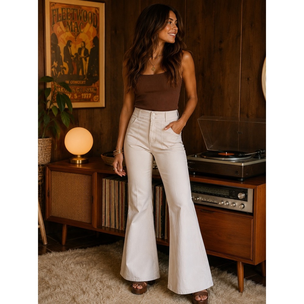 Free People We The Free High Rise Flare Jeans Bell Bottoms Beige Size 30